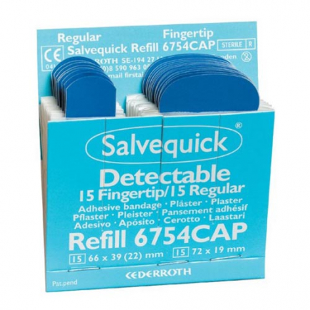 Salvequick blauw detecteerbare vingertop pleisters, navulling, 6x 15 stuks